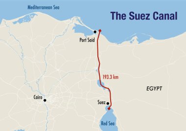 Süveyş Kanalı haritası, Akdeniz 'den Kızıl Deniz' e giden yolu gösteriyor.