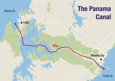Panama Kanalı haritası, Pasifik 'ten Atlantik Okyanusu' na giden yolu gösteriyor.
