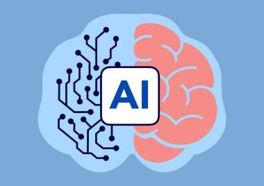 Visualization of human brain combined with computer chip circuit to illustrate artificial intelligence clipart