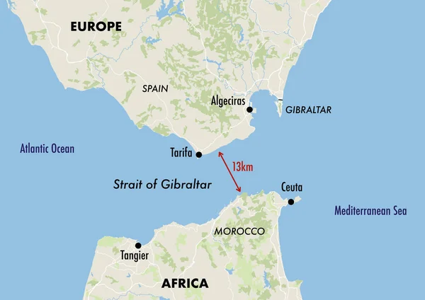 Mapa Estreito Gibraltar Mostrando Distância Entre Europa África — Fotografia de Stock
