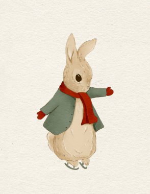 Klasik Noel renklerinde bir Noel tavşanı resmi. Kırmızı ve yeşil.