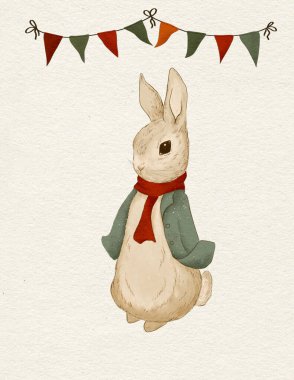 Klasik Noel renklerinde bir Noel tavşanı resmi. Kırmızı ve yeşil.