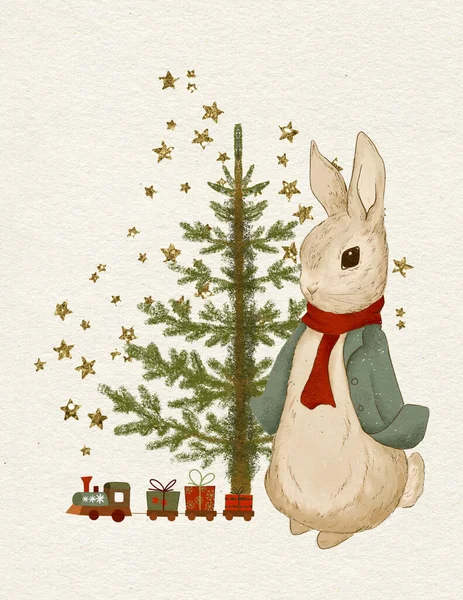 Klasik Noel Renklerinde Bir Noel Tavşanı Resmi Kırmızı Yeşil — Stok fotoğraf