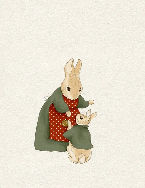 An illustration of a Christmas rabbit in the classic Christmas colors red and green