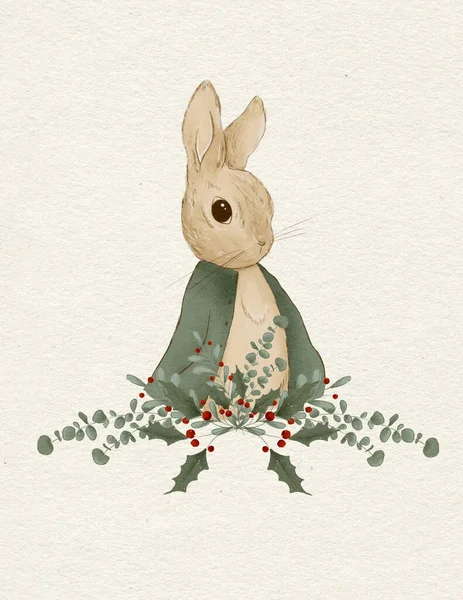 Ілюстрація Різдвяного Кролика Класичних Різдвяних Кольорах Червоний Зелений — стокове фото