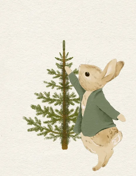 Иллюстрация Рождественского Кролика Классических Рождественских Цветах Красный Зеленый — стоковое фото