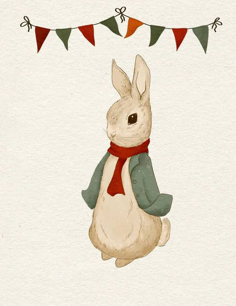Una Ilustración Conejo Navidad Los Clásicos Colores Navidad Rojo Verde —  Fotos de Stock