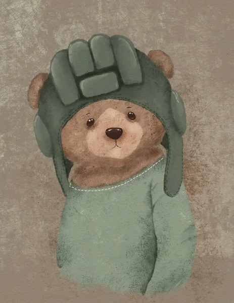drawing of a teddy bear in military uniform, peacekeeper
