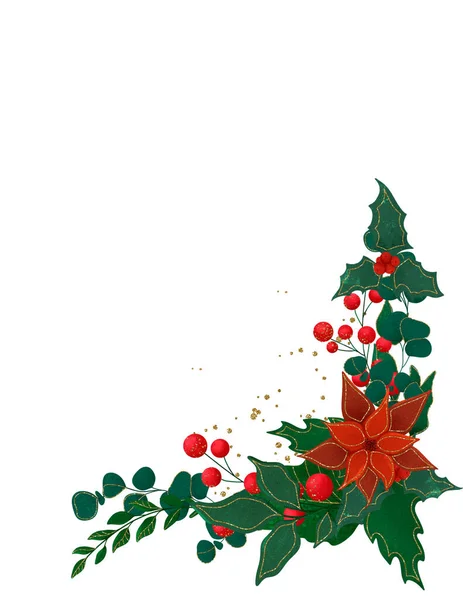 Vánoční Květinová Sada Klasických Vánočních Barvách Červená Zelená Retro Stylu — Stock fotografie