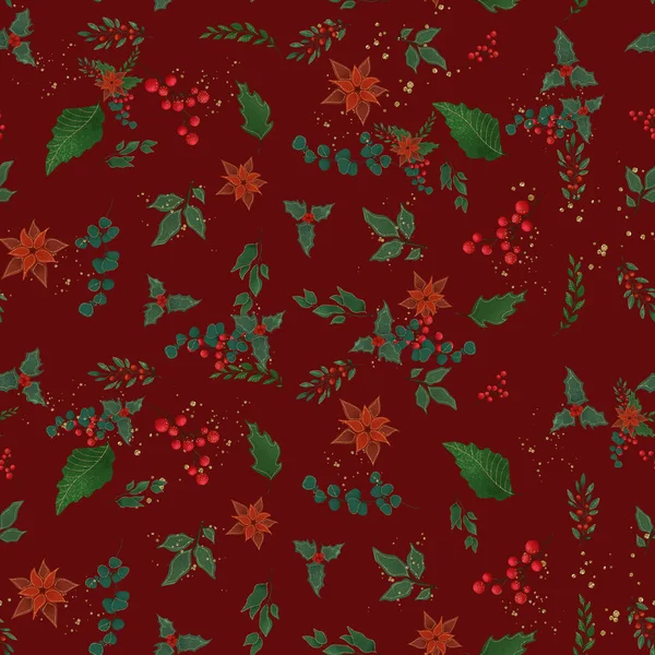 Conjunto Flores Navidad Colores Clásicos Navidad Rojo Verde Estilo Retro — Foto de Stock