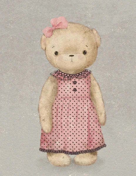illustration of a girl teddy bear in a cute vintage dress