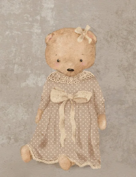 Ilustracja Dziewczyny Pluszowy Miś Słodkie Vintage Sukienka — Zdjęcie stockowe