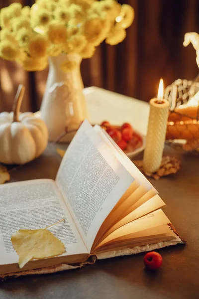 Осенний Натюрморт Винтажный Стиль Книга Столе — стоковое фото