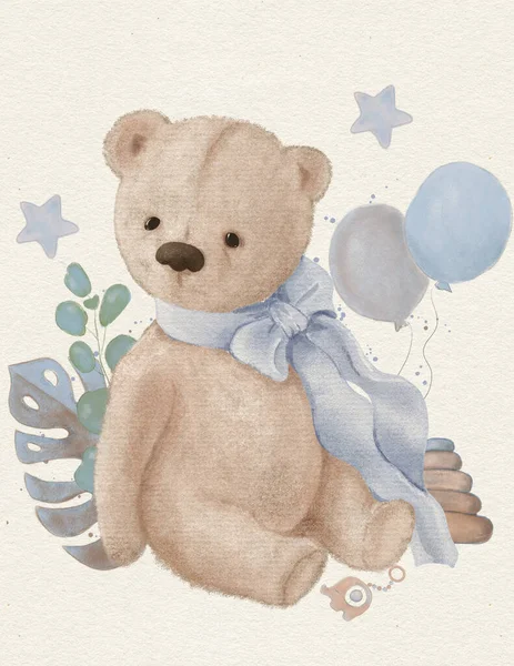 Малюнок Дитячого Хлопчика Плюшевого Ведмедя Синьою Стрічкою Дитячих Вечірок — стокове фото