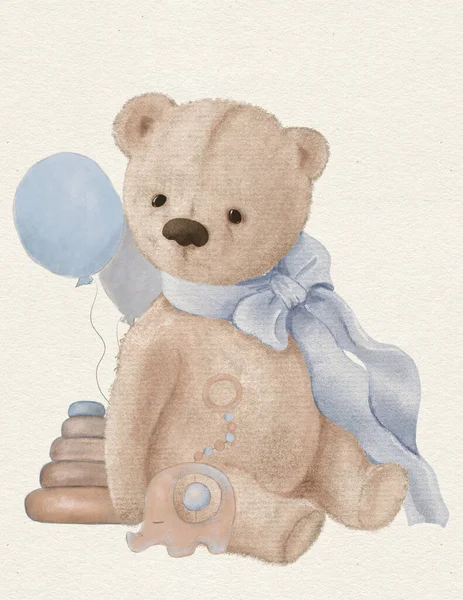 Menggambar Bayi Beruang Teddy Dengan Pita Biru Untuk Pesta Anak — Stok Foto