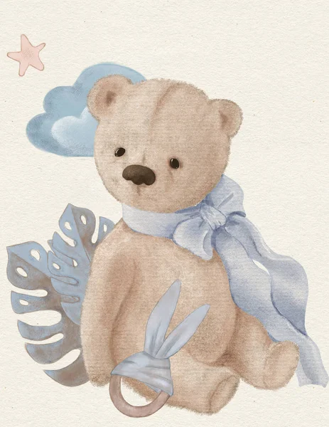 Menggambar Bayi Beruang Teddy Dengan Pita Biru Untuk Pesta Anak — Stok Foto