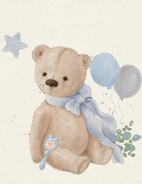 Σχέδιο Του Μωρού Αρκουδάκι Αγόρι Μπλε Κορδέλα Για Παιδικά Πάρτι — Φωτογραφία Αρχείου