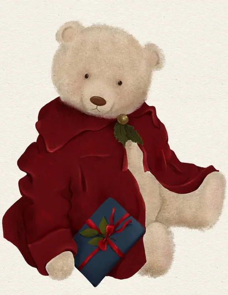Vintage Állat Teddy Bear Karácsonyi Illusztráció — Stock Fotó