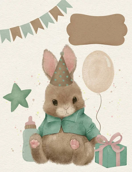 子供部屋の壁のアートの装飾誕生日のウサギ 保育園のポスター ギフトの最初の誕生日 森林のウサギ — ストック写真