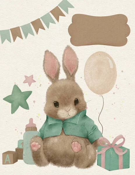 儿童房墙面艺术装饰生日兔子 幼儿园海报 礼物第一个生日 林地兔子 — 图库照片