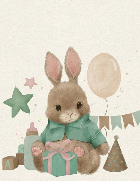 Kids room wall art decor birthday bunny, nursery poster, gift firtst birthday, woodland bunny