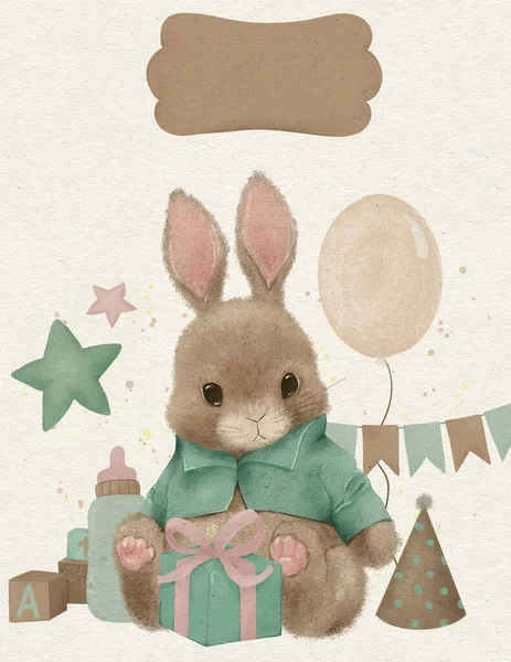 Kids room wall art decor birthday bunny, nursery poster, gift firtst birthday, woodland bunny