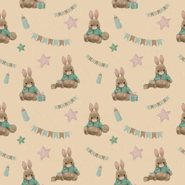 パターンの子供の誕生日のウサギ 保育園のポスター ギフトの最初の誕生日 森林のウサギ — ストック写真