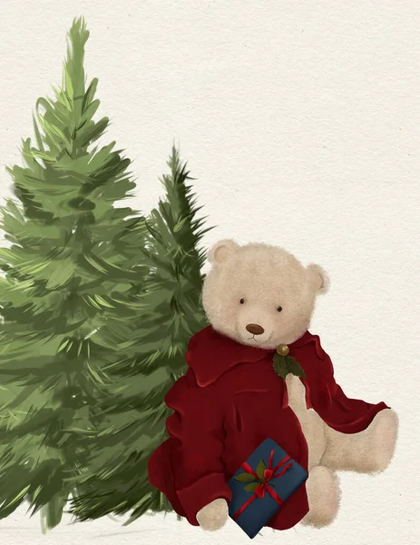 Waldtier Niedlich Sitzt Neben Festlichem Neujahrsbaum Weihnachtskarte Einladung Zur Weihnachtsfeier — Stockfoto