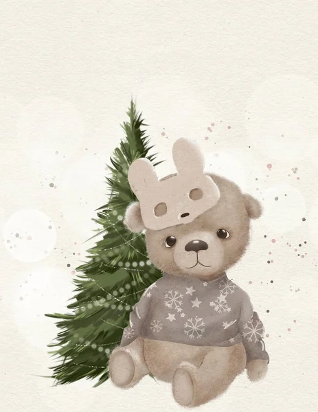 森の動物かわいいお祝いの新年の木 クリスマスカード クリスマスパーティーへの招待 — ストック写真