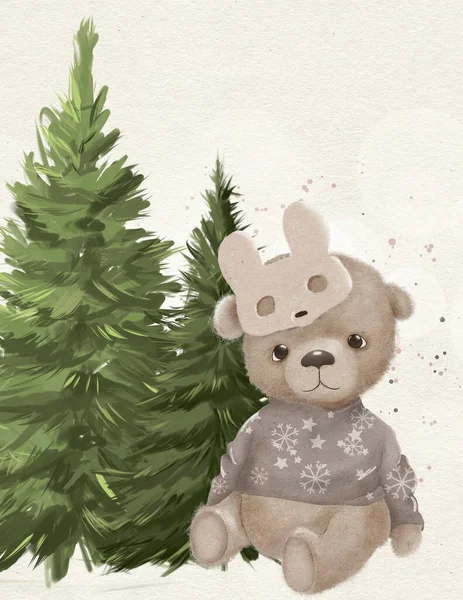 可爱的森林动物坐在喜庆的圣诞树旁 圣诞贺卡 圣诞晚会的请柬 — 图库照片