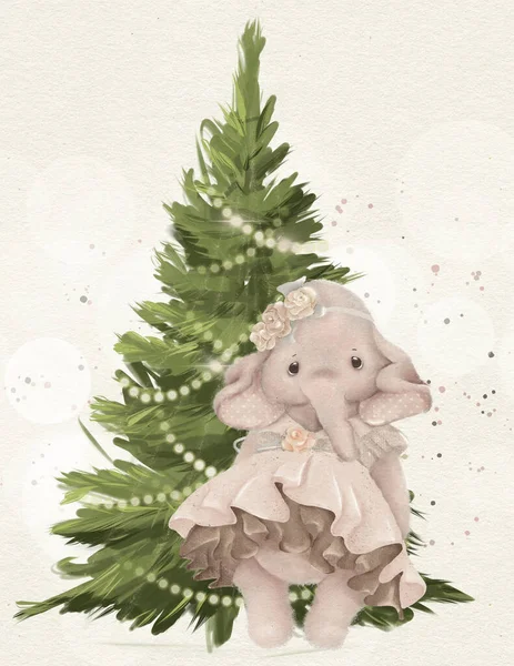 森の動物かわいいお祝いの新年の木 クリスマスカード クリスマスパーティーへの招待 — ストック写真