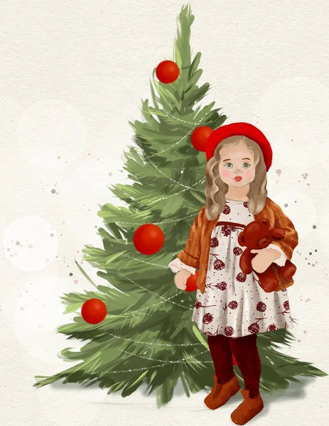 Waldtier Niedlich Sitzt Neben Festlichem Neujahrsbaum Weihnachtskarte Einladung Zur Weihnachtsfeier — Stockfoto
