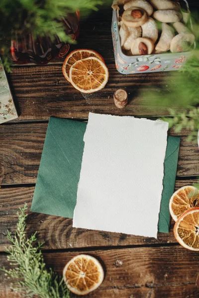 Mockup White Sheet Paper Table Christmas Decor Christmas Letter Mockup — Stock Photo, Image