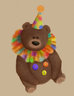 Oyuncak ayı palyaçosu, çocuklar için sevimli bir hayvan oda dekorasyonu, tebrik kartı, buhman illüstrasyonu, sirk