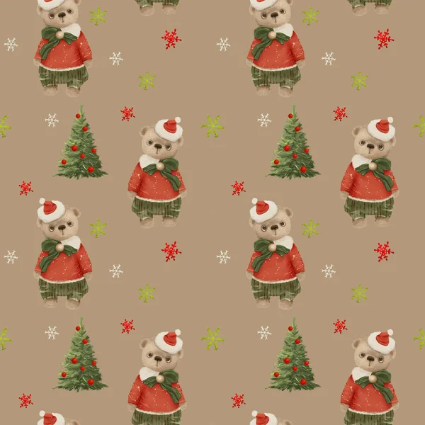 三塔泰迪熊和圣诞节树的无缝图案圣诞彩绘 — 图库照片