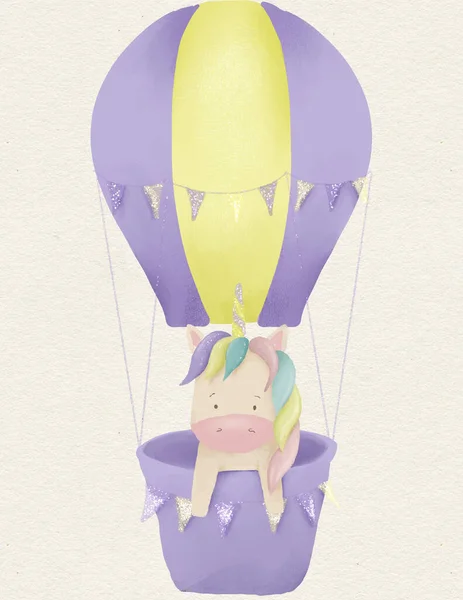 Bajkowy Magiczny Jednorożec Tęczową Grzywą Leci Balonem Ogrzane Powietrze Pocztówka — Zdjęcie stockowe