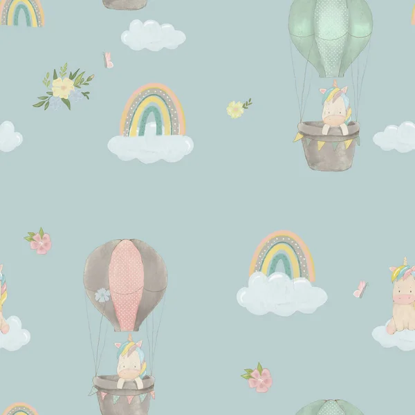 熱気球 ユニコーンのポストカードに虹のマンフライとおとぎ話の魔法のユニコーン — ストック写真