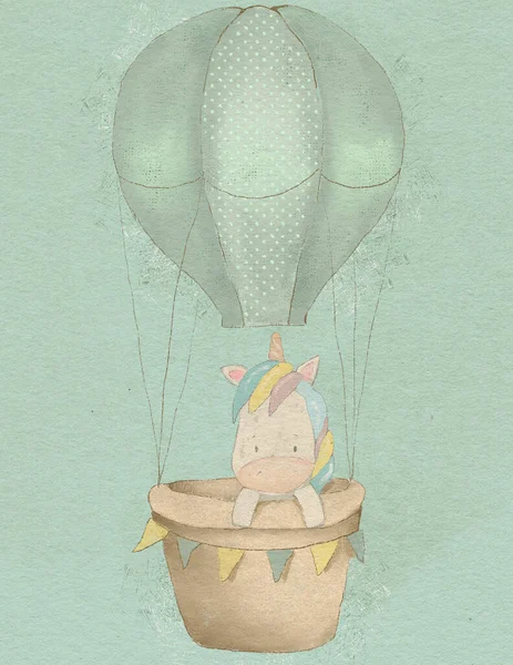 Fairytale magical unicorn with a rainbow mane flies in a hot air balloon, unicorn postcard
