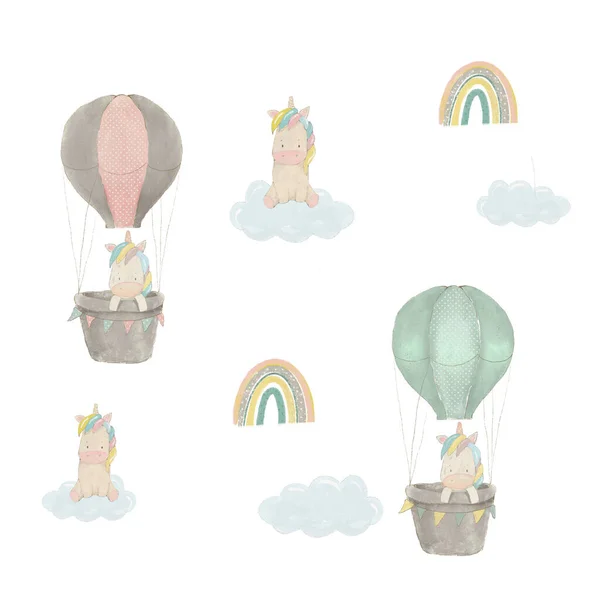Fairytale magical unicorn with a rainbow mane flies in a hot air balloon, unicorn postcard