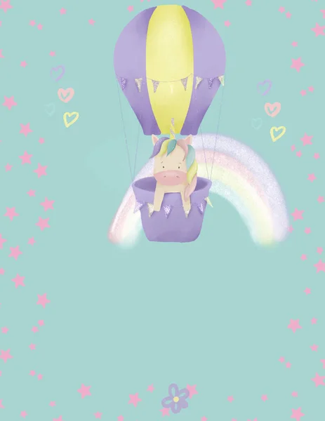 Märchenhaftes Magisches Einhorn Mit Regenbogenmähne Fliegt Heißluftballon Einhorn Postkarte — Stockfoto