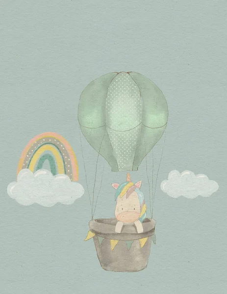 Fairytale Unicorn Ajaib Dengan Surai Pelangi Terbang Dalam Balon Udara — Stok Foto