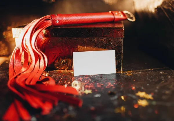 Card Mockup Mockup White Sheet Paper Bdsm Toys Red Leather — Stock Photo, Image