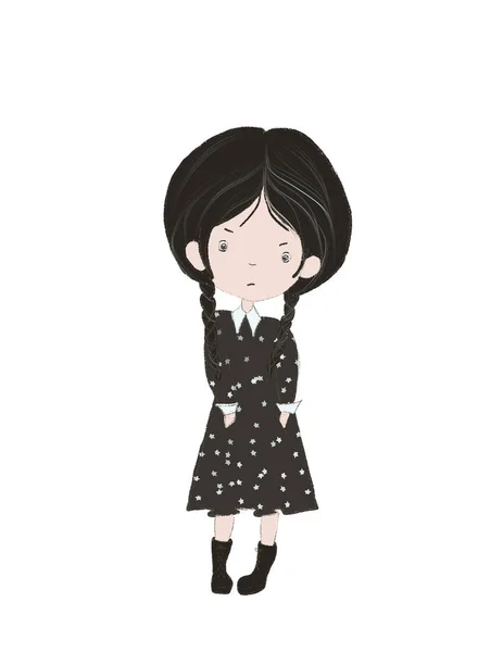 Mittwoch Ein Mädchen Einem Schwarzen Kleid Eine Stilvolle Zeichnung Eines — Stockfoto