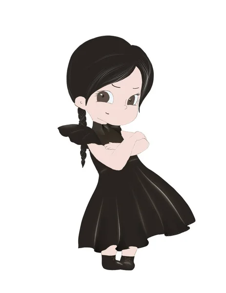 水曜日黒のドレスの女の子黒のドレスの黒髪の女の子のスタイリッシュな図面 — ストック写真