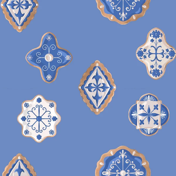 Patrón Pan Jengibre Pintado Mano Ornamento Color Azul Hogar Hornear —  Fotos de Stock
