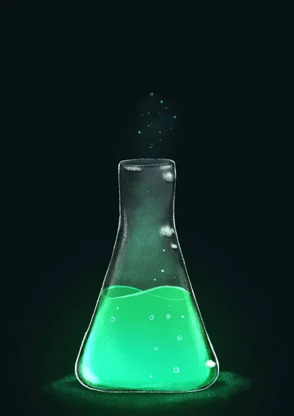 在黑暗的背景 魔法水 医学实验中 玻璃瓶中喷出液体 — 图库照片