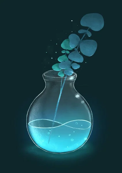 暗い背景にガラスフラスコに液体を噴出 魔法の水 医学実験 — ストック写真