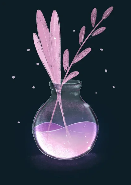 Glühende Flüssigkeit Einem Glaskolben Auf Dunklem Hintergrund Magisches Wasser Medizinisches — Stockfoto