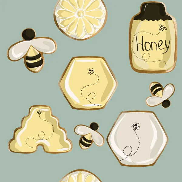 honey and bees drawing on gingerbread, beekeeping