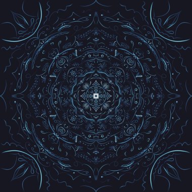 Drawing mandala of neon color on a dark background, an ornament in the Indian style